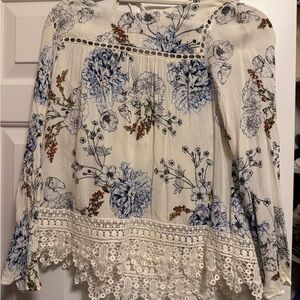 Maeve Cream Floral Crochet-Hem Peasant Blouse with Blue Print